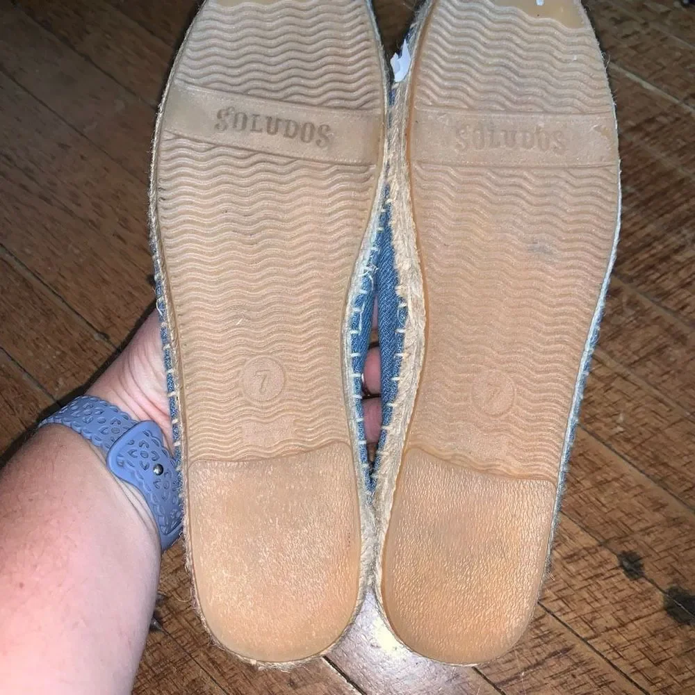 Soludos denim blue embroidered Oui Non raffia slip on shoes